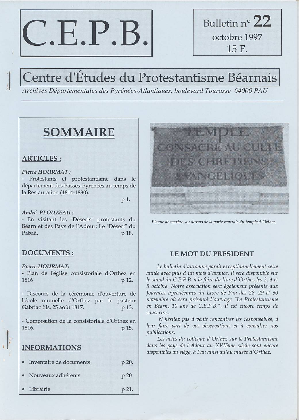 CEPB protestantisme Béarn bulletin 22
