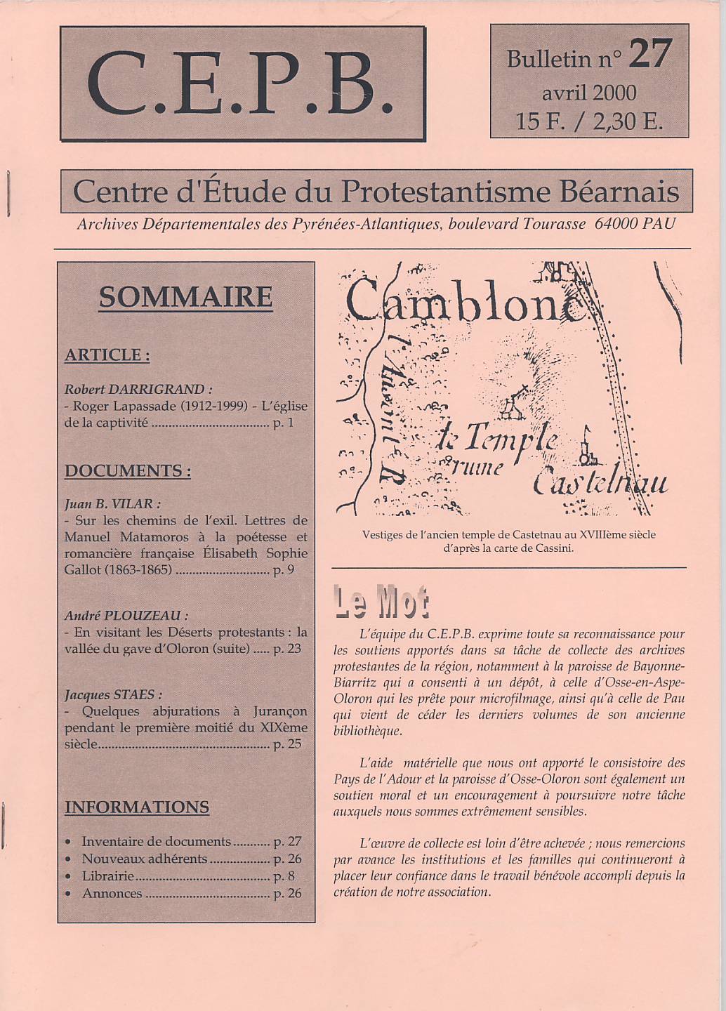 CEPB protestantisme Béarn bulletin 27
