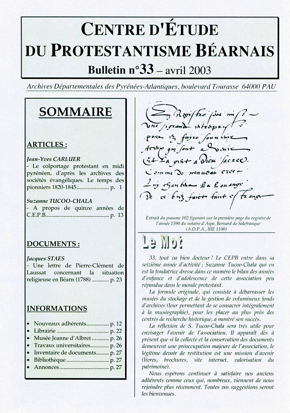 CEPB protestantisme Béarn béarnais bulletin 33
